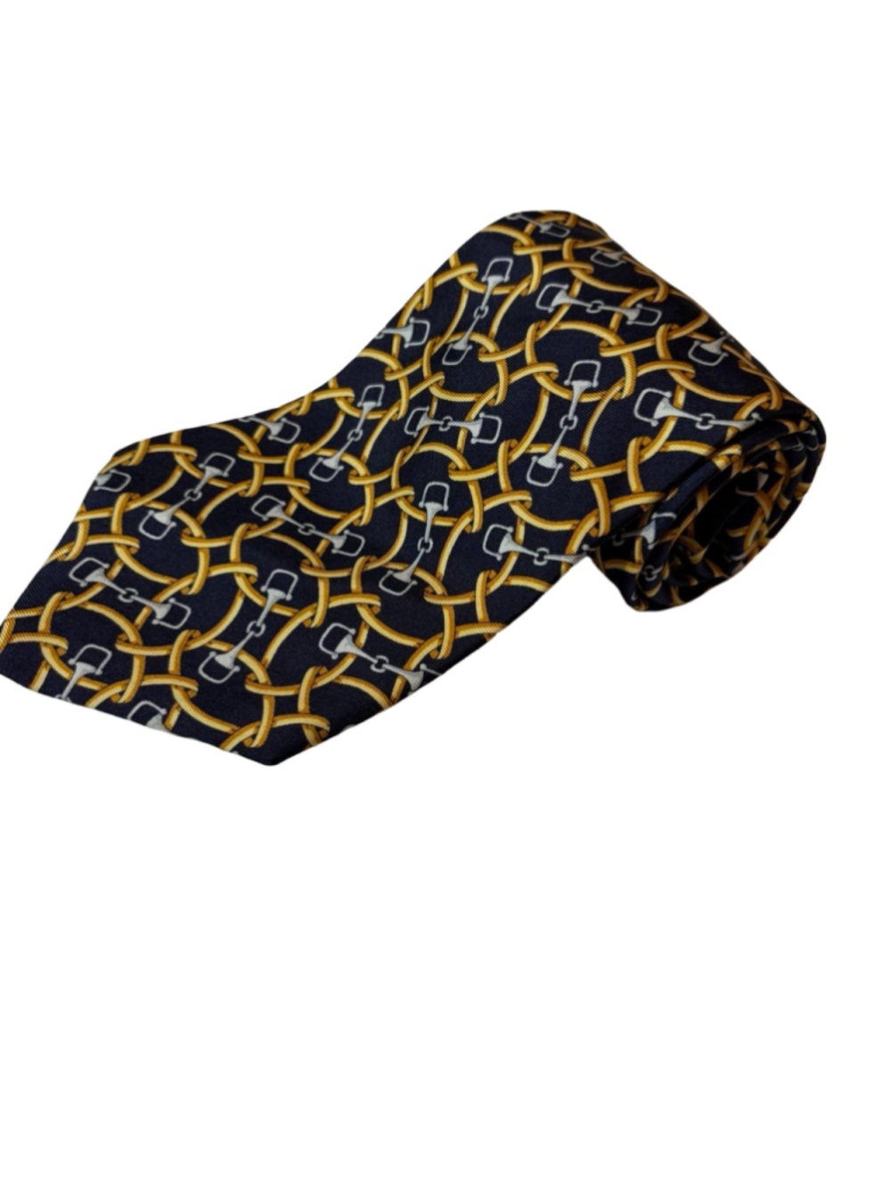 Paolo Gucci 100% Silk Equestrian Chain Print Tie Navy Gold Italy
